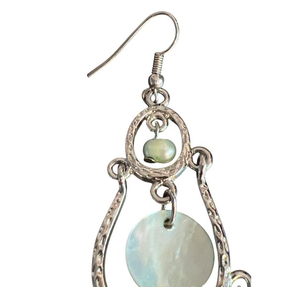 Vintage Silver Tone Mother of Pearl Chandelier Dangle Earrings Estate Hooks 4" - Picture 3 of 4